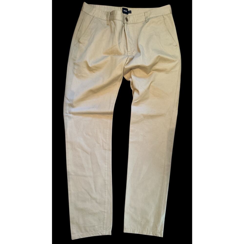 Asos Design Pants Mens 36x34 Beige Khaki Flat Front Casual Chino‎ Trouser Skinny